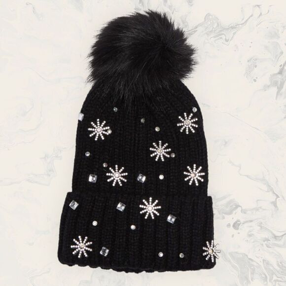 NEW BP Crystal Constellation Beanie with Faux Fur Pom- Black- One Size - Picture 1 of 3